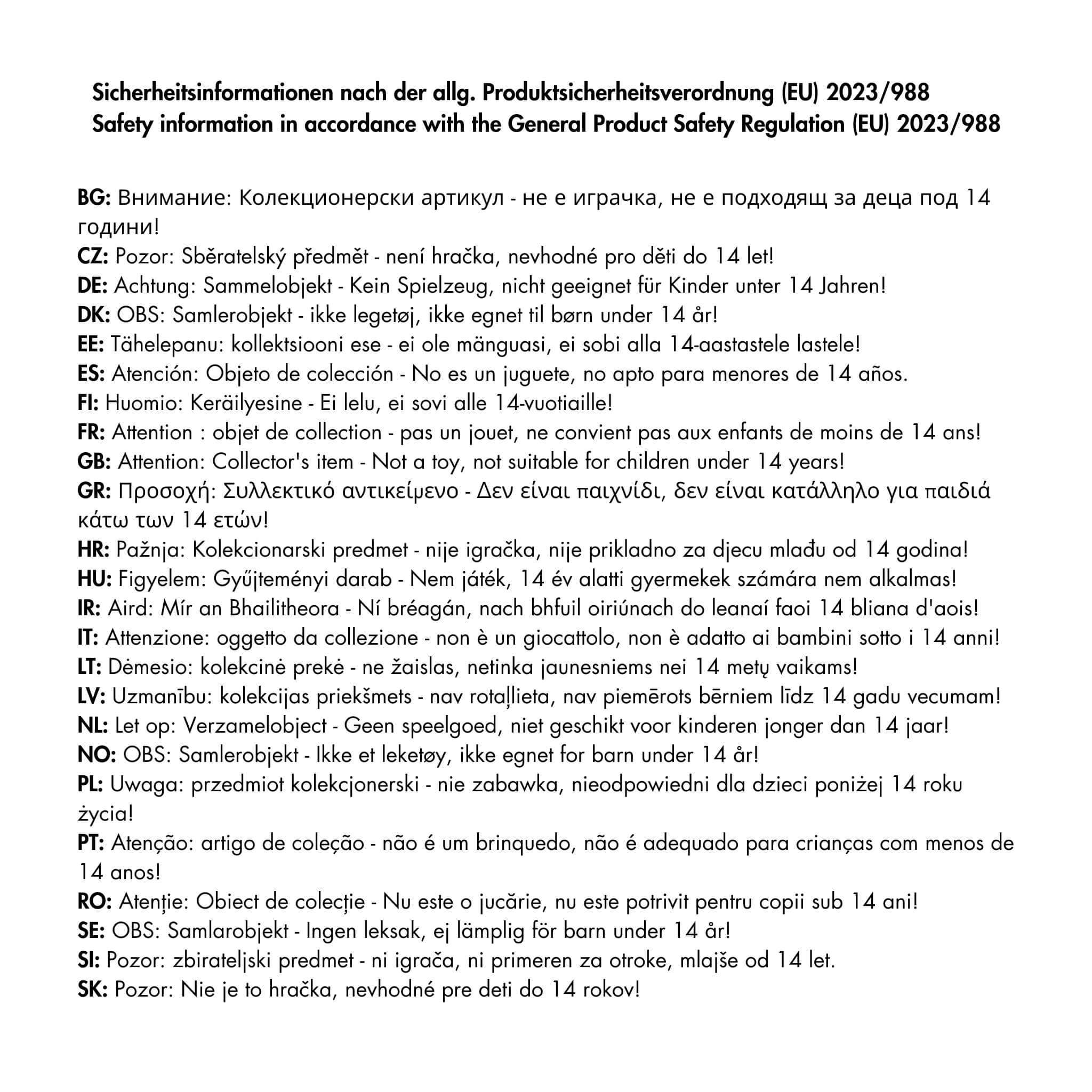 Sicherheitsinformationen für die Produktsicherheitsverordung (GPSR)
