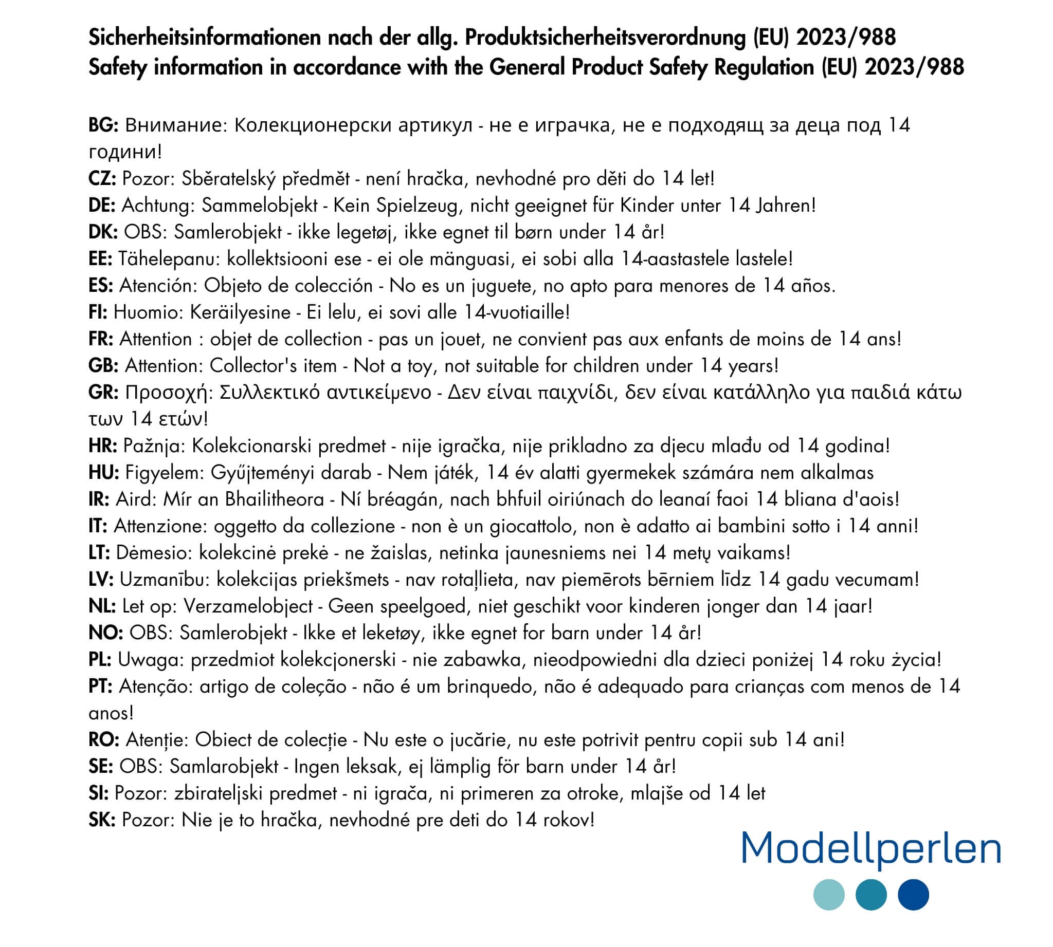 Sicherheitsinformationen für die Produktsicherheitsverordung (GPSR)